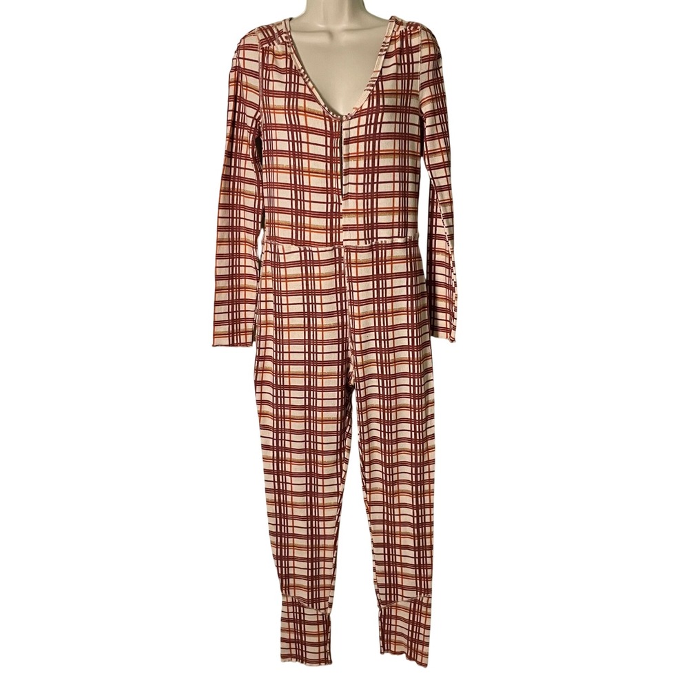 Intimately Free People Home Alone Pajama Size M Plaid Thermal Jumpsuit Sleep
